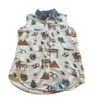 Quizz New York Woven Cotton Sleeveless Collared Button-Up Western Print Top L thumbnail 1