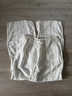 H&M Lightweight Striped Drawstring Linen Blend Pants - Cream thumbnail 4