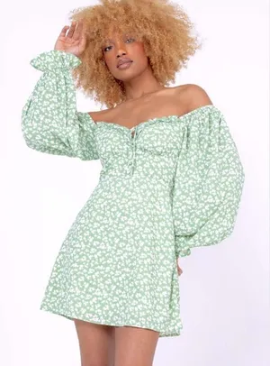 Princess Polly Love Birds Mini Milkmaid Dress Sz 6 Floral Puff Sleeve Green thumbnail 1