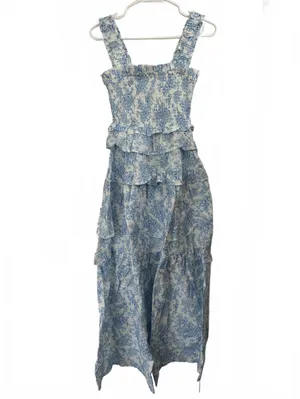 Maisie 100% Cotton Floral Smocked Ruffle Cotton Maxi Dress NWT Blue White XS thumbnail 4
