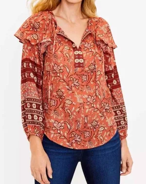 Loft Bouquet Ruffle Tie Neck Blouse Auburn Orange‎ Size Small Boho Fall thumbnail 1