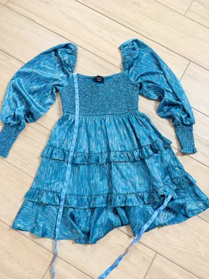 VICI Teal Metallic Stripe Tiered Mini Dress Smocked Puff Sleeve NWOT Size M thumbnail 6