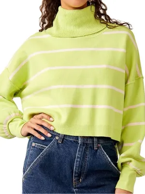Free People Paulie Sweater Large Green White Striped Turtleneck thumbnail 1