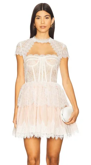Bronx and Banco Daphne short sleeve White/ pink/ nude Lace Mini Dress S NEW thumbnail 1