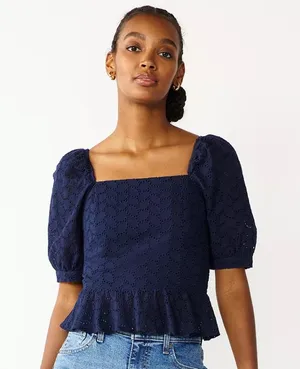 Draper James Navy Blue Puff Sleeve Square Neckline Peplum Hem Eyelet Top size M thumbnail 1