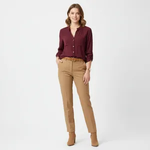 100% Silk Max Studio Burgundy Button Close Long Sleeve Colarless Blouse Top M thumbnail 6