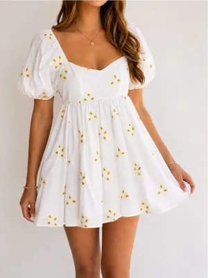 Altar’d State Daisy Embroidered Babydoll Mini Dress White Puff Sleeve Sz Medium thumbnail 1