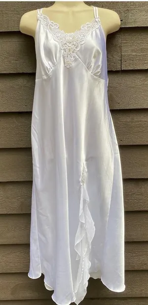 Vtg White Satin Lace Maxi Slip Dress L Bridal Nightgown Beaded Deadstock NWT thumbnail 1