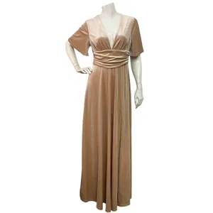 Baltic Born Women's Medium Tan V-Neck Bridesmaid Short Sleeve Velvet Maxi Dress thumbnail 3