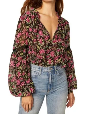 Misa Los Angeles Alicia Floral Coquette Prairie Blouse Vneck Ties Pink Black L thumbnail 1