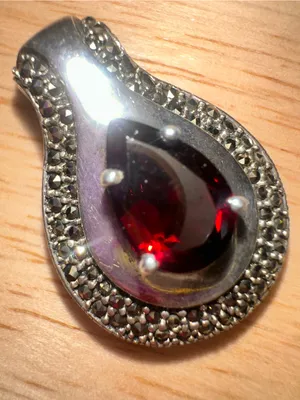 BOMA Sterling Silver Red Garnet Marcasite Pear Teardrop Pendant 1.25" / 12.35g thumbnail 7