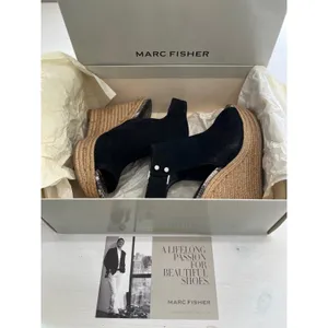 Marc Fisher Black Suede Peep Toe Espadrille Wedge Sandals Size 6.5M‎ thumbnail 2