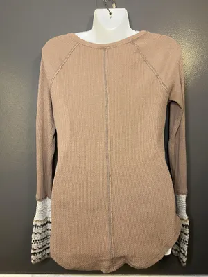 Free People Shirt Womens Small Beige Thermal Henley Crochet Cuff Tunic Top thumbnail 6