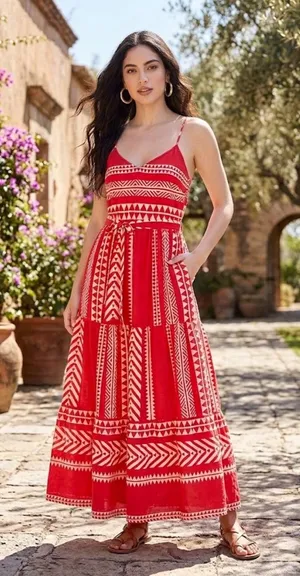 Vero Moda Soft Red & White Cotton Maxi Dress – Boho Geometric Print. thumbnail 1