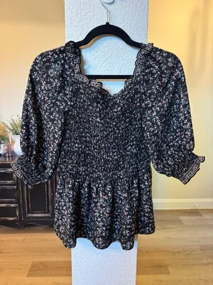 Max Studio Women's Black Floral Smocked Square Neck Peplum Blouse Size L thumbnail 5