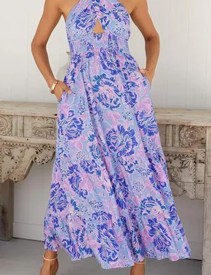 Zesica Floral Halter-Neck Maxi Dress in Blue and Purple | Size Medium thumbnail 4