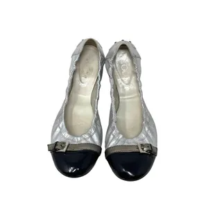 Tod's Silver Scrunch Ballet Flats with‎ Black Patent Leather Buckle Toe Size 9.5 thumbnail 2