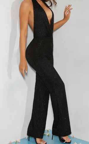 Oh Polly Black Embellished Plunge Neck Jumpsuit thumbnail 3