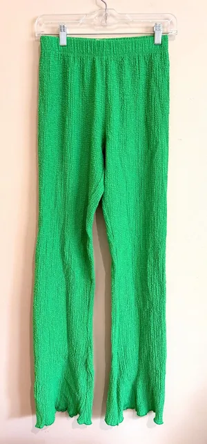Zara Bright Green Stretch Textured High Rise Pull On Flare Pants Size Small thumbnail 1