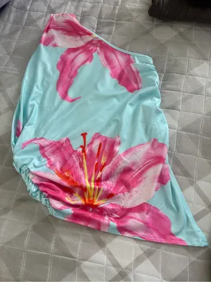 SHEIN Aqua One-Shoulder Tank with Pink Floral Print thumbnail 1