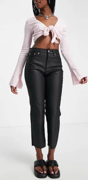 Topshop Straight Jeans in Coated Black thumbnail 1