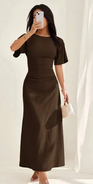 Dark Brown Round Neck Short Sleeve Waist-Defining Maxi Dress thumbnail 1