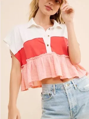 Pilcro White, Red & Peach Tiered Button-Front cap Sleeve Sz XXS Polo NWT thumbnail 1