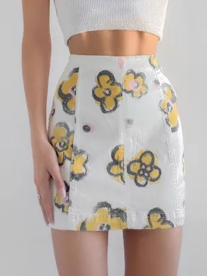 FREE PEOPLE Airbrush Daisy Denim Mini Skirt White Sz 8‎ thumbnail 1