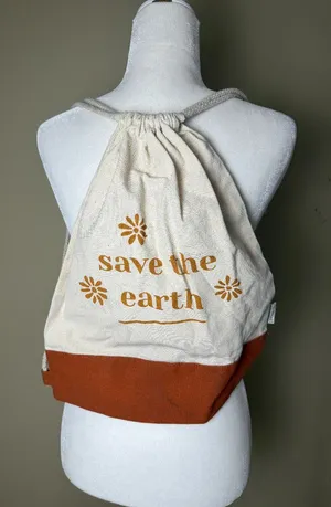 Save The Earth Organic Cotton Canvas Drawstring Backpack Brown thumbnail 1