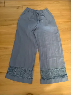 NEW Cotton Linen Blend Wide Leg Pants Lace Hem Elastic Waist 28/28 thumbnail 1