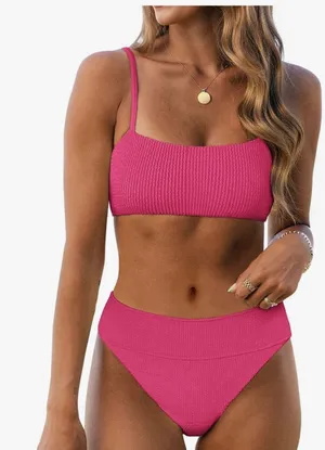 ANRABESS High Waisted Bikini Set Tummy Control Textured Pink Women’s M thumbnail 1