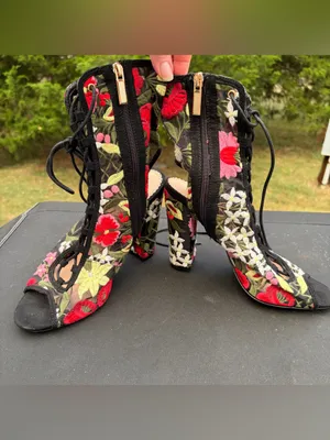Liliana Chasity Floral Embroidered Mesh Peep Toe Lace Up Booties Black Size 10 thumbnail 6