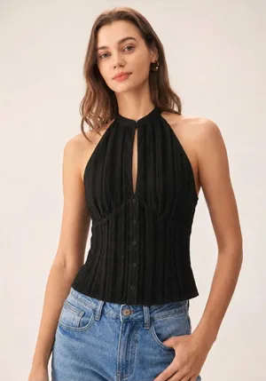 Rihoas Black Mandarin Collar Cut Out Tank Top thumbnail 1