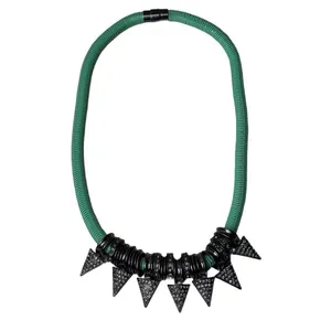 Aqua‎ Ribbed Cord Statement Necklace Gunmetal Triangle Crystal 20" Whimsigoth thumbnail 2