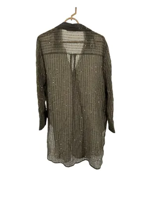ZARA Woman's Sequin Oversized Tunic Top Shirt Olive Green M sheer casual coverup thumbnail 3