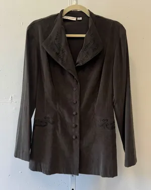 Dressbarn Olive Green Faux Suede Embroidered Blazer Jacket Size 12 Vintage Style thumbnail 1