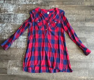 Gap‎ Womens Red Navy Buffalo Plaid Henley Tunic Top Long Sleeve Cotton Blend M thumbnail 1