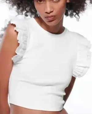 Zara White Ruffle Cropped Tank Top Women’s Large thumbnail 1