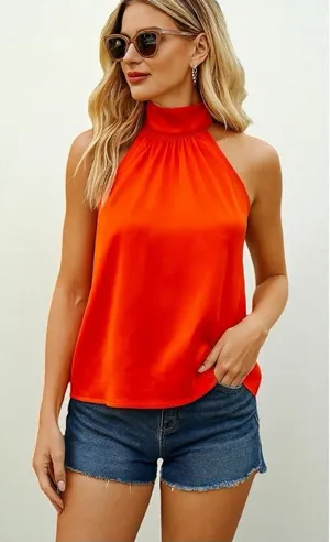 383 Express | NWOT Orange Satin Mock Neck Halter Top (size XS) thumbnail 1