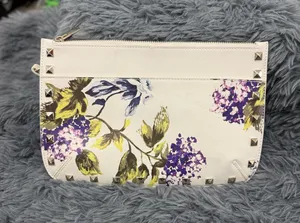 White House Black Market Floral Studded White Wristlet Clutch thumbnail 1