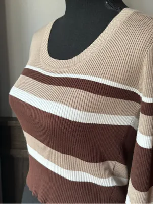 The Slope Striped Scoop-Neck Ribbed Sweater in Brown, Cream & Tan medium thumbnail 2