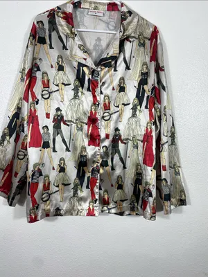 Taylor Swift Cream Button-Down Top with Red & Black Figurine Print Size M thumbnail 2