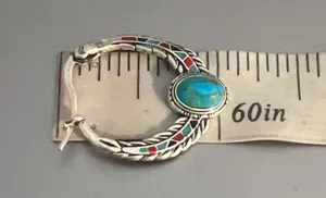 Vintage Silver Tone Hoop Earrings Faux Turquoise Enamel Southwestern Estate 1" thumbnail 6