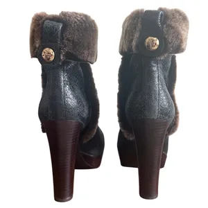 Tory Burch Shearling Cuffed Platform Booties Metallic Leather Fur Trim 8 thumbnail 4