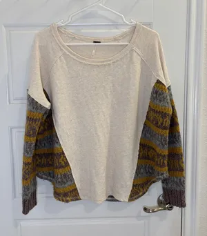 Free People XS Mixed Media Knit Sleeve Pullover Top Boho thumbnail 1