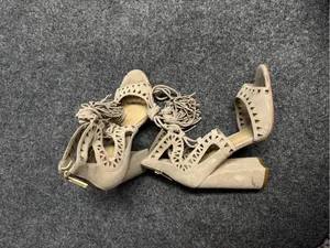 Marc Fisher Beige Laser-Cut Suede Lace-Up Heeled Sandals thumbnail 2