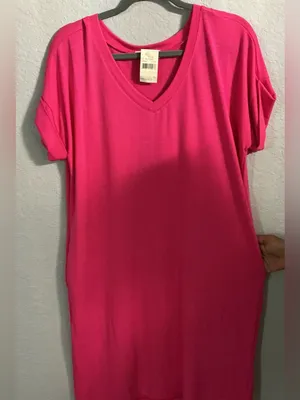 Zenana Hot Pink V-Neck T-Shirt Dress Size L NWT thumbnail 3