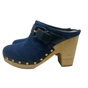 Veronica Beard Dacey Denim Clogs Heels Studded Buckle Wood Blue‎ Size 9.5 thumbnail 13
