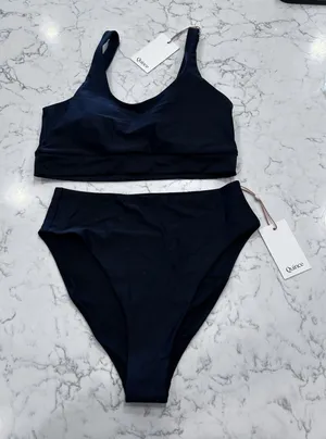 NWT Quince Black Italian Tank Bikini Top & High Rise High Leg Bottom Set Large thumbnail 1