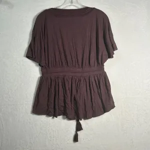 Lucky Brand Square Neck Peplum Top‎ Tassel Drawstring Burgundy XS thumbnail 2